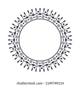 
Decorative round frame for design with floral ornament. A template for printing postcards, invitations, books, for textiles, engraving, wooden furniture, forging. Vector.
