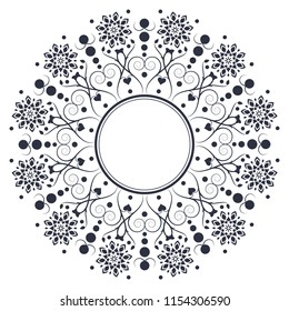 Decorative round frame for design with floral ornament. A template for printing postcards, invitations, books, for textiles, engraving, wooden furniture, forging. Vector.