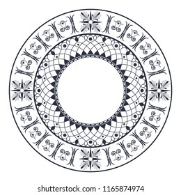 Decorative round frame for design with floral ornament. A template for printing postcards, invitations, books, for textiles, engraving, wooden furniture, forging. Vector.