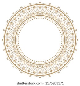 Decorative round frame for design with floral ornament. A template for printing postcards, invitations, books, for textiles, engraving, wooden furniture, forging. Vector.