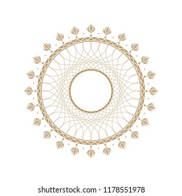 Decorative round frame for design with floral ornament. A template for printing postcards, invitations, books, for textiles, engraving, wooden furniture, forging. Vector.