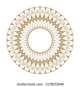 Decorative round frame for design with floral ornament. A template for printing postcards, invitations, books, for textiles, engraving, wooden furniture, forging. Vector.