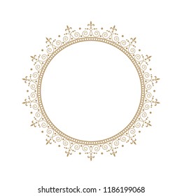 
Decorative round frame for design with floral ornament. A template for printing postcards, invitations, books, for textiles, engraving, wooden furniture, forging. Vector.
