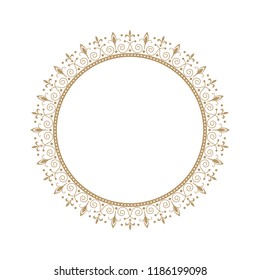 
Decorative round frame for design with floral ornament. A template for printing postcards, invitations, books, for textiles, engraving, wooden furniture, forging. Vector.
