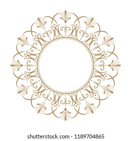Decorative round frame for design with floral ornament. Circle frame. A template for printing postcards, invitations, books, for textiles, engraving, wooden furniture, forging. Vector.