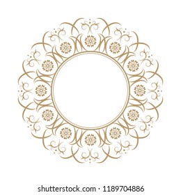 Decorative round frame for design with floral ornament. Circle frame. A template for printing postcards, invitations, books, for textiles, engraving, wooden furniture, forging. Vector.