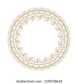 Decorative round frame for design with floral ornament. Circle frame. A template for printing postcards, invitations, books, for textiles, engraving, wooden furniture, forging. Vector.