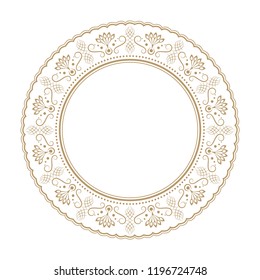 Decorative round frame for design with floral ornament. Circle frame. A template for printing postcards, invitations, books, for textiles, engraving, wooden furniture, forging. Vector.