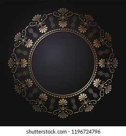 Decorative round frame for design with floral ornament. Circle frame. A template for printing postcards, invitations, books, for textiles, engraving, wooden furniture, forging. Vector.