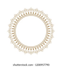 Decorative round frame for design with floral ornament. Circle frame. A template for printing postcards, invitations, books, for textiles, engraving, wooden furniture, forging. Vector.