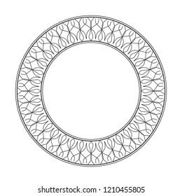 Decorative round frame for design with floral ornament. Circle frame. A template for printing postcards, invitations, books, for textiles, engraving, wooden furniture, forging. Vector.