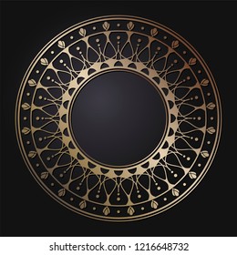 Decorative round frame for design with floral ornament. Circle frame. A template for printing postcards, invitations, books, for textiles, engraving, wooden furniture, forging. Vector.

