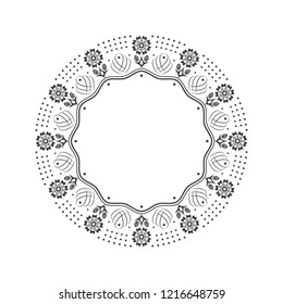 Decorative round frame for design with floral ornament. Circle frame. A template for printing postcards, invitations, books, for textiles, engraving, wooden furniture, forging. Vector.


