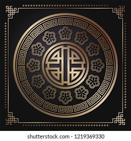 Decorative round frame for design with floral chinese ornament. Circle frame. Template for printing cards, invitations, books, for textiles, engraving, wooden furniture, forging. Vector.