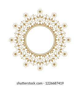 Decorative round frame for design with floral ornament. Circle frame. A template for printing postcards, invitations, books, for textiles, engraving, wooden furniture, forging. Vector.