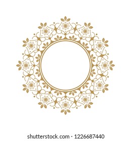 Decorative round frame for design with floral ornament. Circle frame. A template for printing postcards, invitations, books, for textiles, engraving, wooden furniture, forging. Vector.