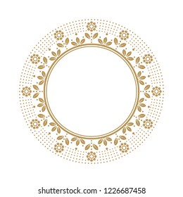 Decorative round frame for design with floral ornament. Circle frame. A template for printing postcards, invitations, books, for textiles, engraving, wooden furniture, forging. Vector.