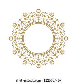 Decorative round frame for design with floral ornament. Circle frame. A template for printing postcards, invitations, books, for textiles, engraving, wooden furniture, forging. Vector.