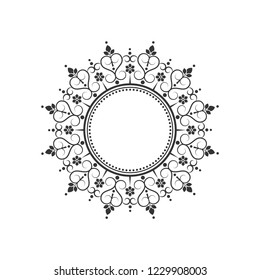 Decorative round frame for design with floral ornament. Circle frame. A template for printing postcards, invitations, books, for textiles, engraving, wooden furniture, forging. Vector.