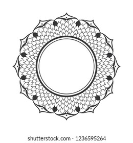 Decorative round frame for design with floral ornament. Circle frame. A template for printing postcards, invitations, books, for textiles, engraving, wooden furniture, forging. Vector.
