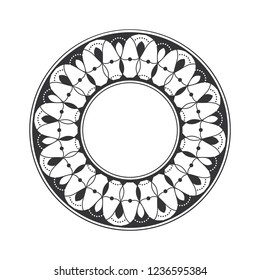 Decorative round frame for design with floral ornament. Circle frame. A template for printing postcards, invitations, books, for textiles, engraving, wooden furniture, forging. Vector.