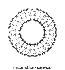 Decorative round frame for design with floral ornament. Circle frame. A template for printing postcards, invitations, books, for textiles, engraving, wooden furniture, forging. Vector.