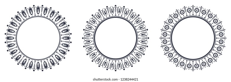 Decorative round frame for design with floral ornament. Circle frame. A template for printing postcards, invitations, books, for textiles, engraving, wooden furniture, forging. Vector.
