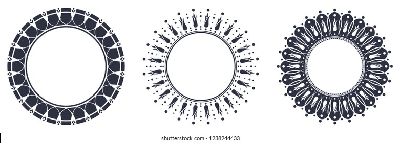 Decorative round frame for design with floral ornament. Circle frame. A template for printing postcards, invitations, books, for textiles, engraving, wooden furniture, forging. Vector.