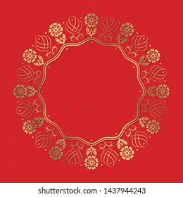 Decorative round frame for design with floral chinese ornament. Circle frame. Template for printing cards, invitations, books, for textiles, engraving, wooden furniture, forging. Vector.