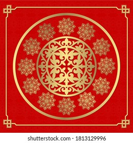 Decorative round frame for design with floral asian ornament. Circle frame. Template for printing cards, invitations, books, for textiles, engraving, wooden furniture. Abstract vector element.