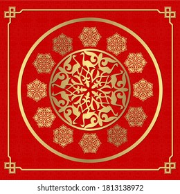 Decorative round frame for design with floral asian ornament. Circle frame. Template for printing cards, invitations, books, for textiles, engraving, wooden furniture. Abstract vector element.