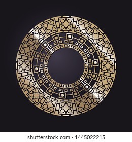 Decorative round frame design with a gold Chinese pattern. Circle frame. Template for printing cards, invitations, books, textiles, engraving, wooden furniture, forging. Vector.