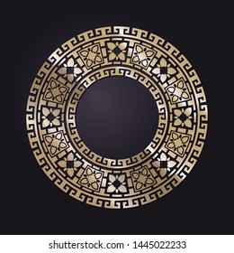 Decorative round frame design with a gold Chinese pattern. Circle frame. Template for printing cards, invitations, books, textiles, engraving, wooden furniture, forging. Vector.
