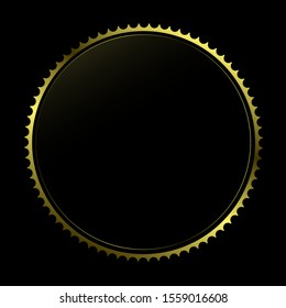 Decorative round frame for design with gold abstract pattern. Golden circle frame. Template for printing postcards, invitations, books, for textiles, engraving, forging, cover, label, logo, pawnshop.