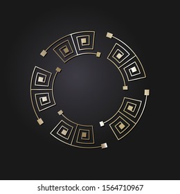 Decorative round frame for design with gold meander. Circle frame. Elegant element for printing of cards, invitations, books, for textiles, engraving, forging. Vector.