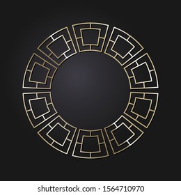 Decorative round frame for design with gold meander. Circle frame. Elegant element for printing of cards, invitations, books, for textiles, engraving, forging. Vector.