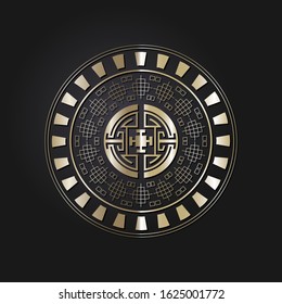 Decorative round frame for design with gold meander. Circle frame. Elegant element for printing of cards, invitations, books, for textiles, engraving, forging. Vector.