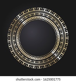 Decorative round frame for design with gold meander. Circle frame. Elegant element for printing of cards, invitations, books, for textiles, engraving, forging. Vector.