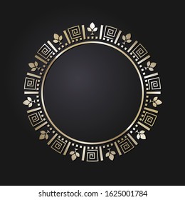 Decorative round frame for design with gold meander. Circle frame. Elegant element for printing of cards, invitations, books, for textiles, engraving, forging. Vector.