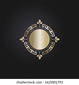 Decorative round frame for design with gold meander. Circle frame. Elegant element for printing of cards, invitations, books, for textiles, engraving, forging. Vector.