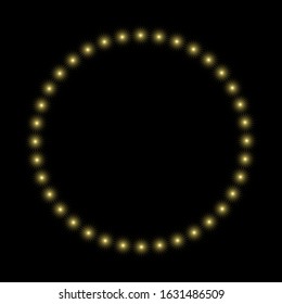 Decorative round frame for design with gold light and stars. Golden circle frame. Template for printing postcards, invitations, books, textiles, engraving, forging, cover, label, logo., pawnshop.