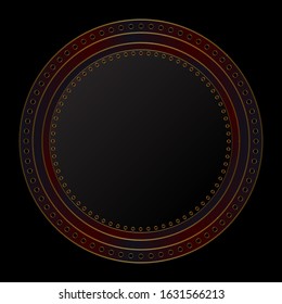 Decorative round frame for design with gold abstract pattern. Golden circle frame. Template for printing postcards, invitations, books, for textiles, engraving, forging, cover, label, logo, pawnshop.