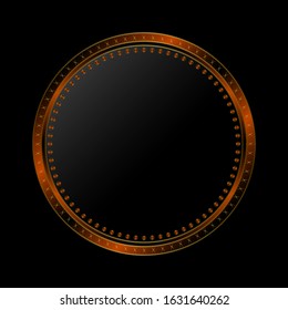 Decorative round frame for design with gold abstract pattern. Golden circle frame. Template for printing postcards, invitations, books, for textiles, engraving, forging, cover, label, logo, pawnshop.