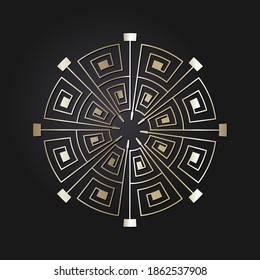 Decorative round frame for design with gold meander. Circle frame. Elegant element for printing of cards, invitations, books, for textiles, engraving, forging. Vector.