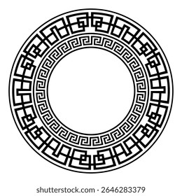 Decorative round frame for design with Greek key, meander. Circle frame. Egyptian, Assyrian, Greek motif circular frame. Template for textiles, engraving, forging, embroidery, porcelain
