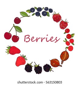 Decorative round frame with different berries. Sketch styled wreath with summer berries blueberry, blackberry, cherry, strawberry, cranberry, raspberry, gooseberry