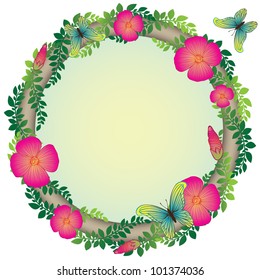 Decorative round frame with flowers and butterflies