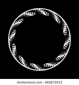 Decorative round frame formed with bird's feathers. Design element, framework, emblem. Isolated white silhouette on black background.