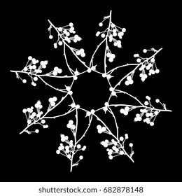 Decorative round frame formed with silhouettes of twigs and berries. Design element, framework, emblem. Isolated white on black background.