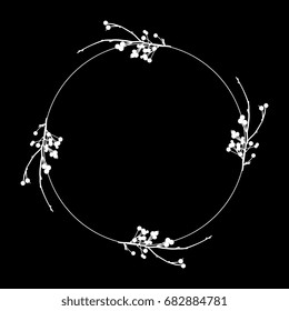 Decorative round frame with four tree boughs and berries. White silhouette on black background. Design element, framework, emblem. 